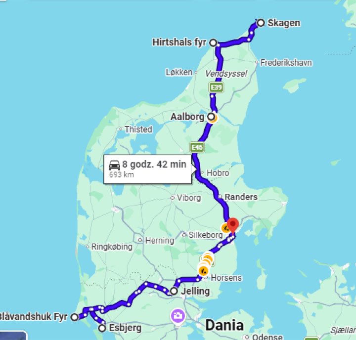 Trasa: Esbjerg, Blåvandshuk, Jelling, Aarhus, Skagen, Hirtshals, Aalborg