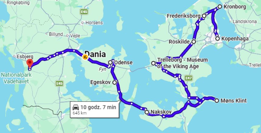 Trasa: Kopenhaga, Kronborg, Frederiksborg, Roskilde, Møns Klint, Nakskov, Egeskov, Esbjerg